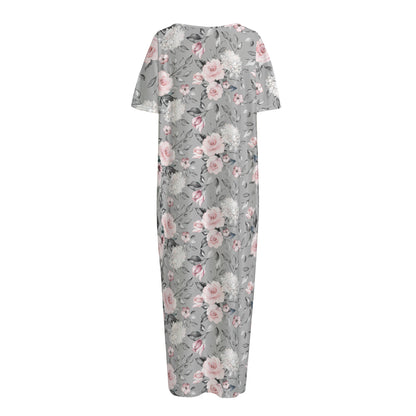 Monochrome Spring Floral Print Short Sleeve Long Nightdress