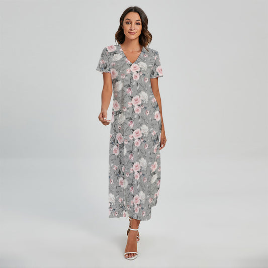 Monochrome Spring Floral Print Short Sleeve Maxi Dress