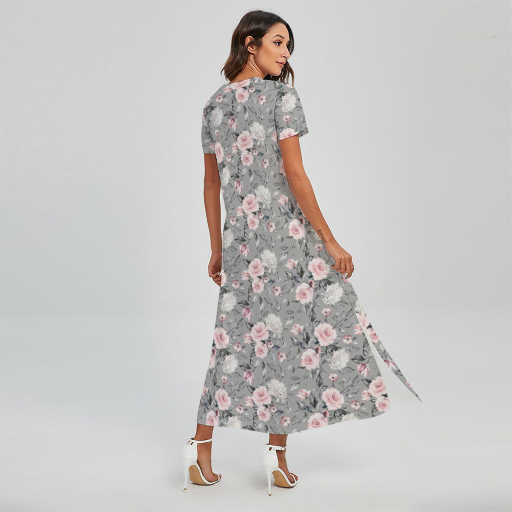 Monochrome Spring Floral Print Short Sleeve Maxi Dress