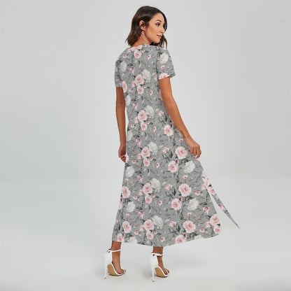 Monochrome Spring Floral Print Short Sleeve Maxi Dress