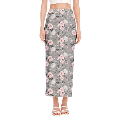 Monochrome Spring Floral Print Side Slit Maxi Skirt