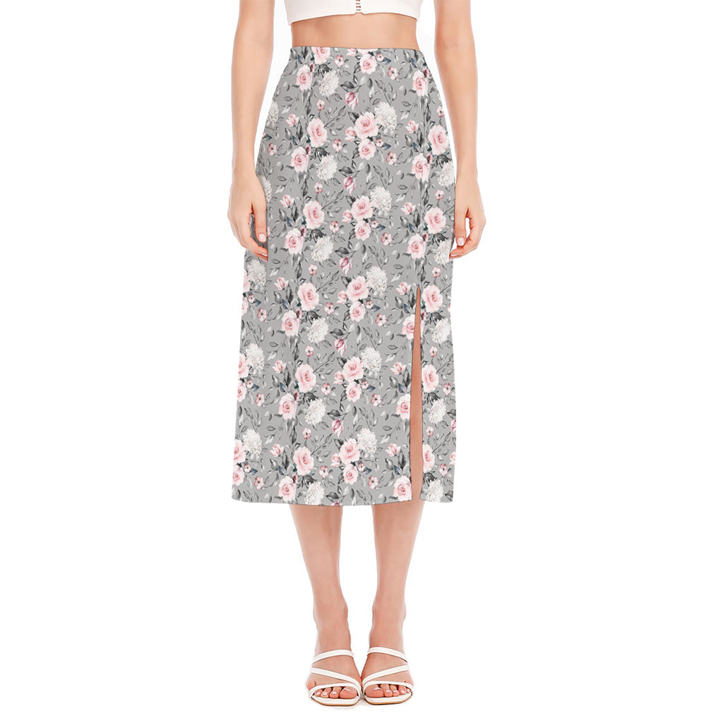 Monochrome Spring Floral Print Side Slit Midi Skirt