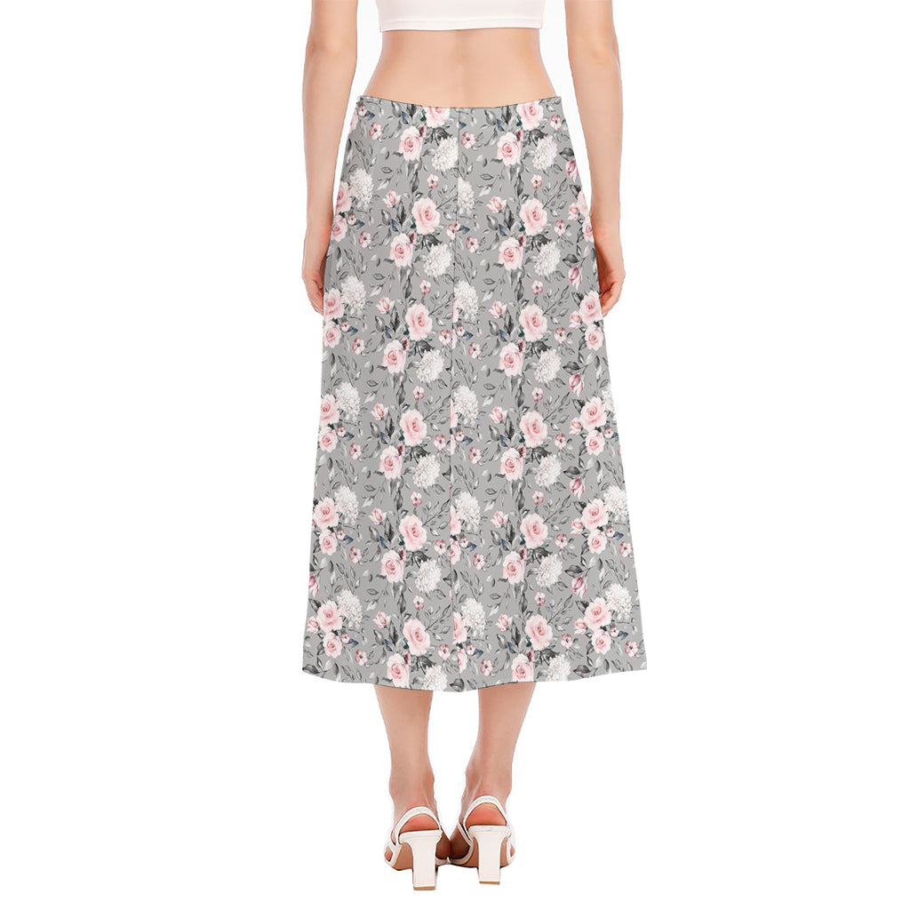 Monochrome Spring Floral Print Side Slit Midi Skirt