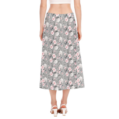Monochrome Spring Floral Print Side Slit Midi Skirt