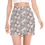 Monochrome Spring Floral Print Side Slit Mini Skirt
