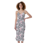 Monochrome Spring Floral Print Slim Fit Midi Cami Dress