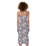Monochrome Spring Floral Print Slim Fit Midi Cami Dress