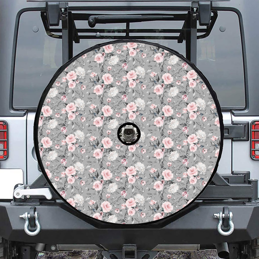 Monochrome Spring Floral Print Tire Cover With Camera Hole