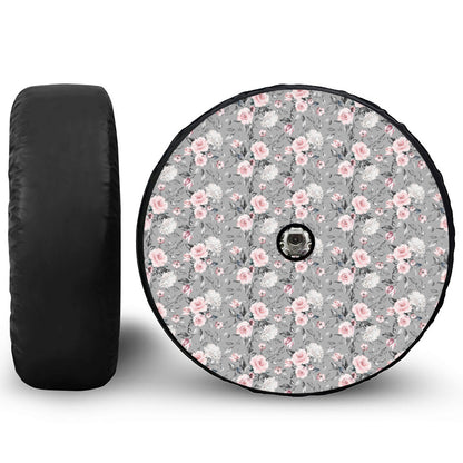 Monochrome Spring Floral Print Tire Cover With Camera Hole