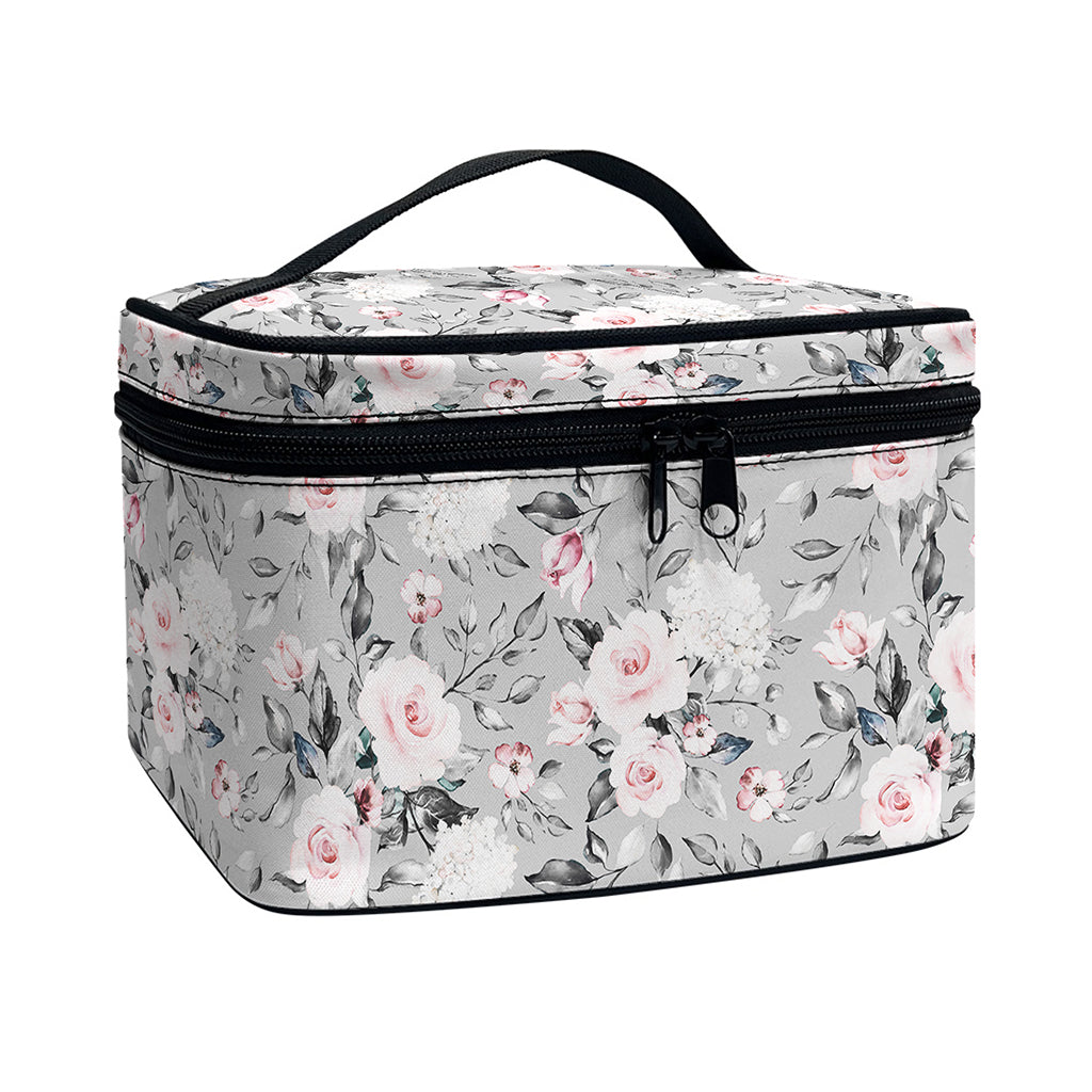 Monochrome Spring Floral Print Travel Makeup Bag