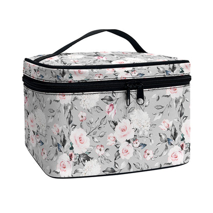 Monochrome Spring Floral Print Travel Makeup Bag