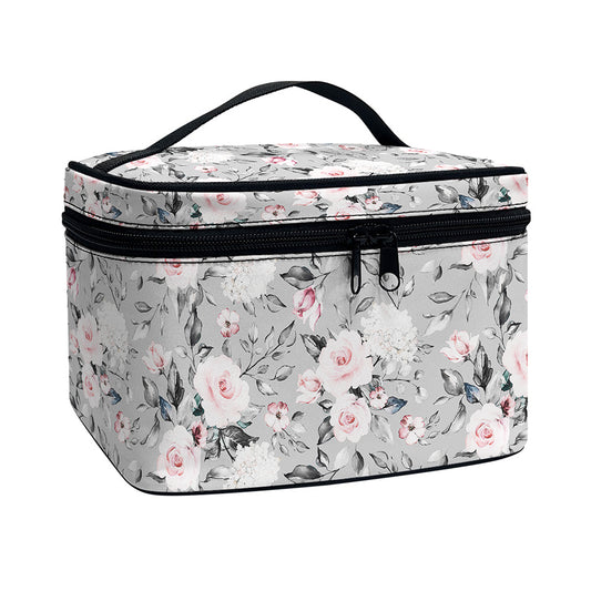 Monochrome Spring Floral Print Travel Makeup Bag