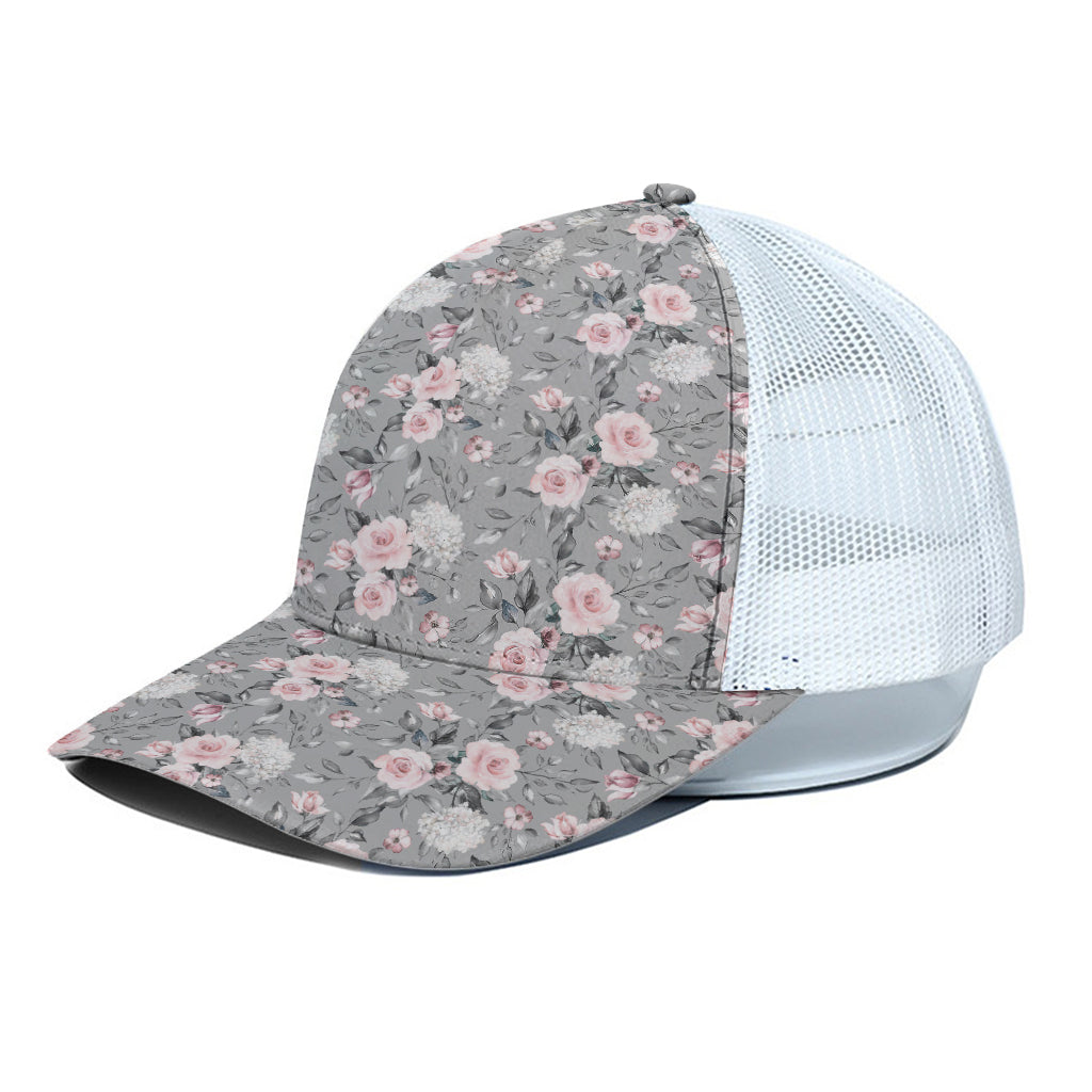 Monochrome Spring Floral Print White Mesh Trucker Cap