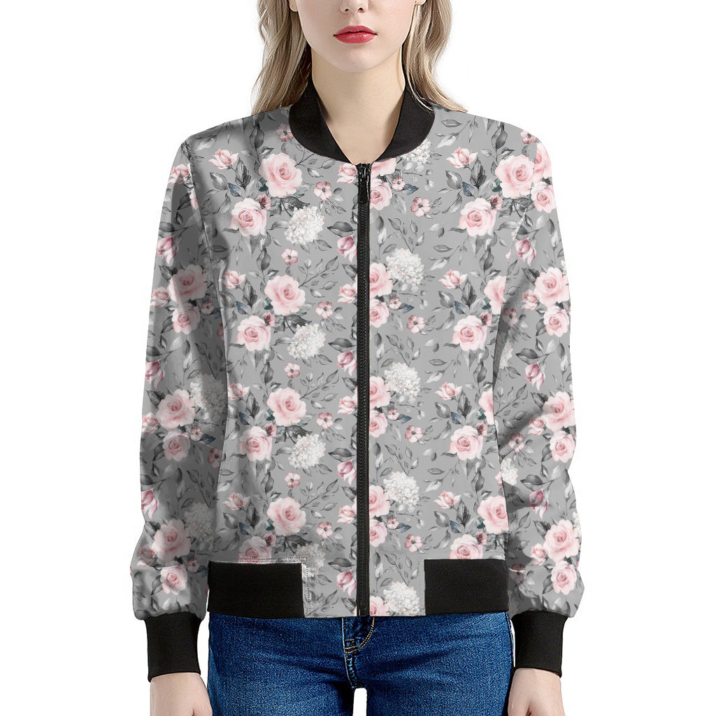 Monochrome Spring Floral Print Women's Bomber Jacket