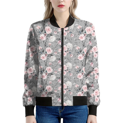 Monochrome Spring Floral Print Women's Bomber Jacket