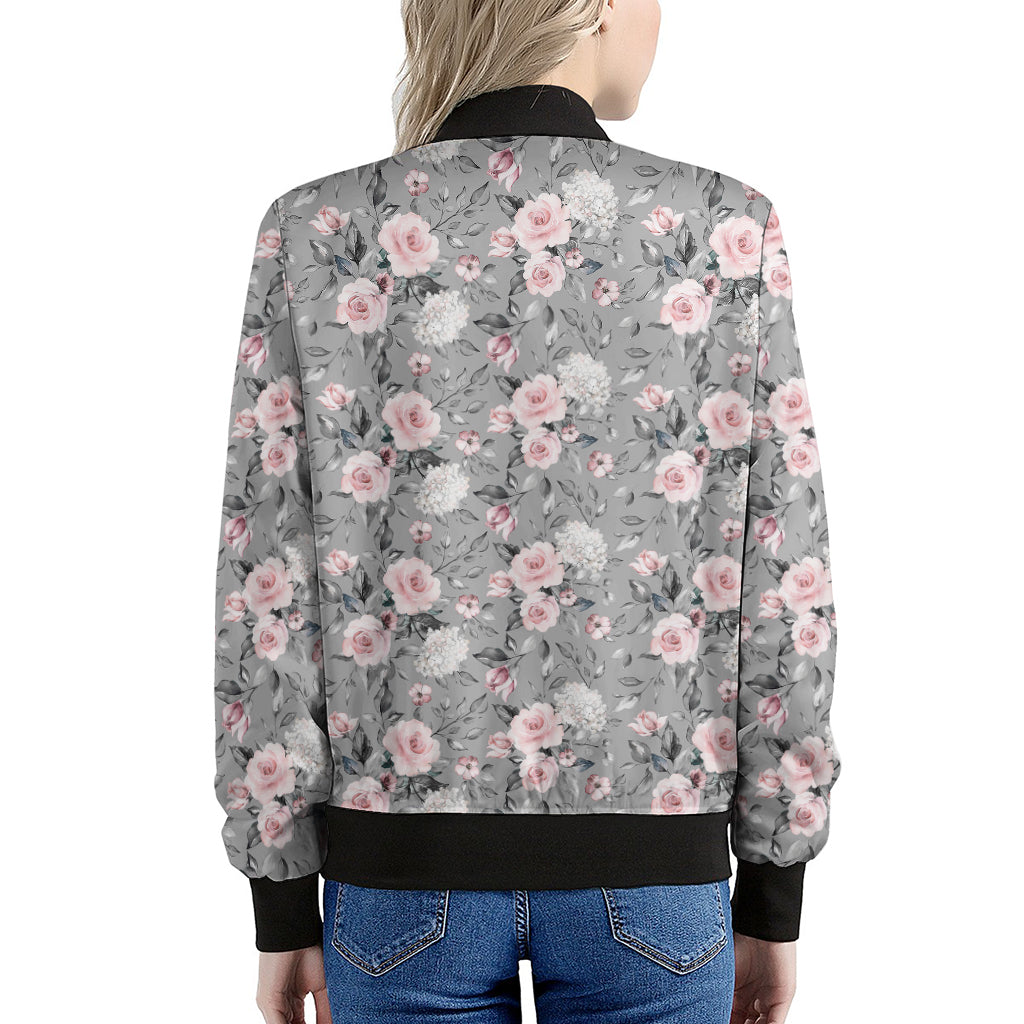 Monochrome Spring Floral Print Women's Bomber Jacket