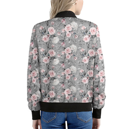 Monochrome Spring Floral Print Women's Bomber Jacket