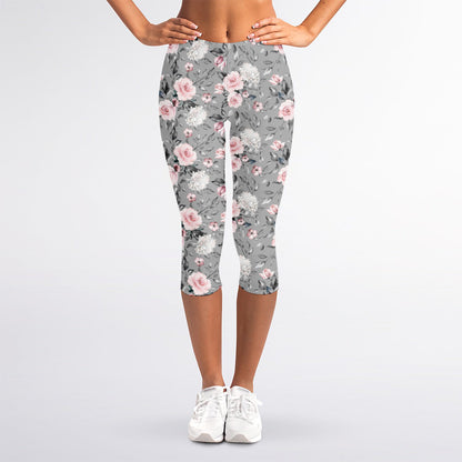 Monochrome Spring Floral Print Women's Capri Leggings