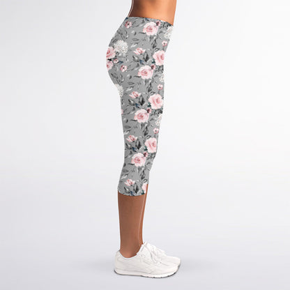 Monochrome Spring Floral Print Women's Capri Leggings