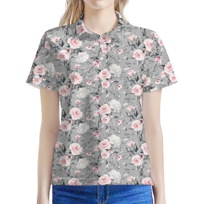 Monochrome Spring Floral Print Women's Polo Shirt