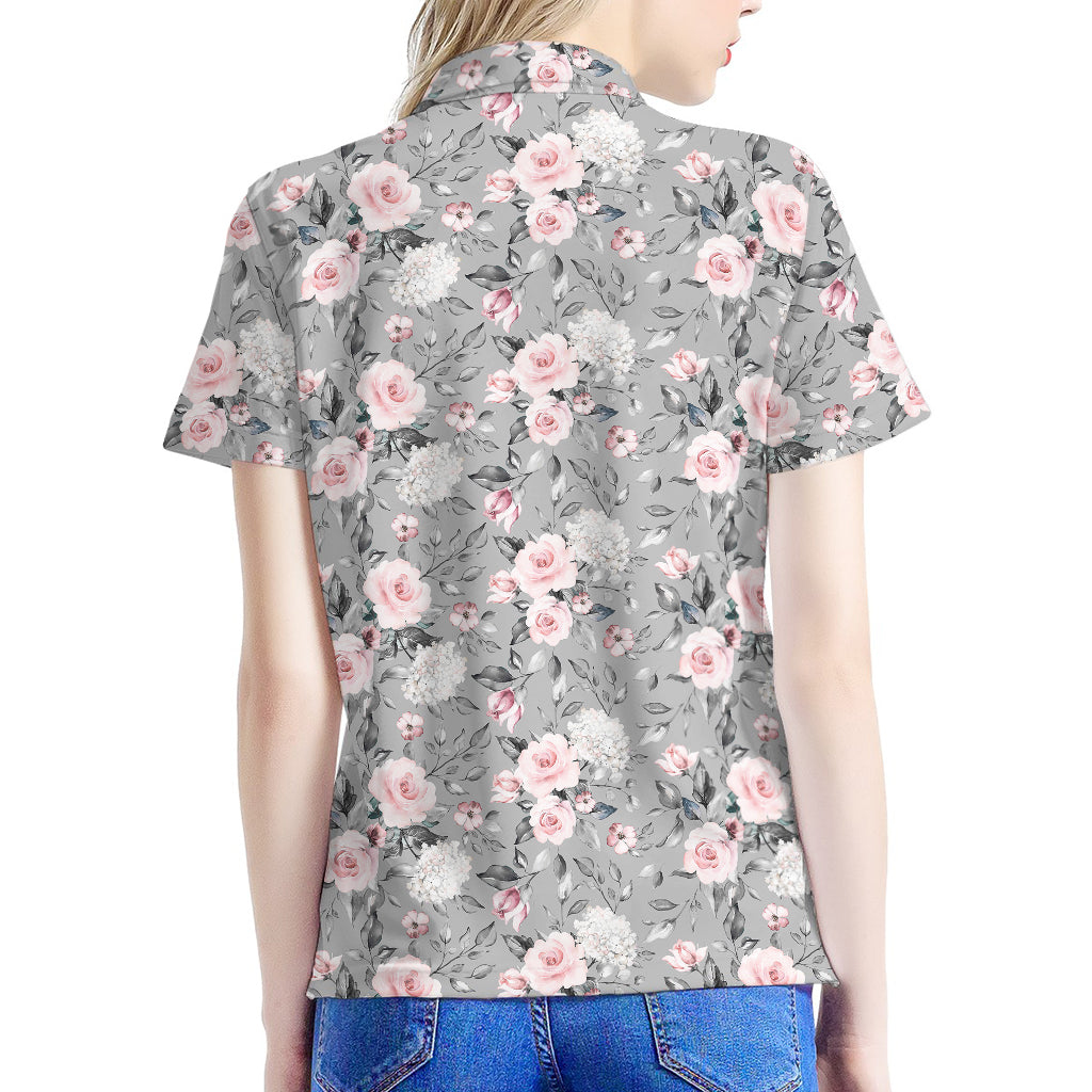 Monochrome Spring Floral Print Women's Polo Shirt