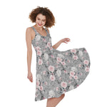 Monochrome Spring Floral Print Women's Sleeveless Dress
