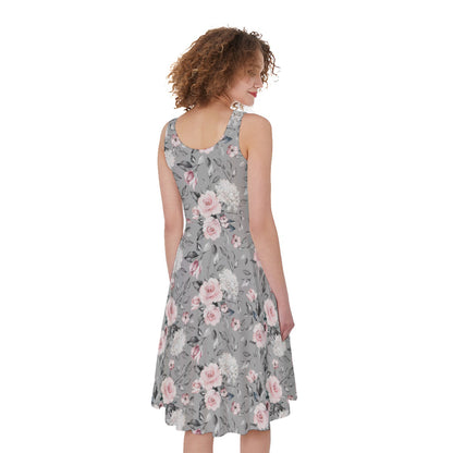 Monochrome Spring Floral Print Women's Sleeveless Dress