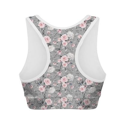 Monochrome Spring Floral Print Women's Sports Bra