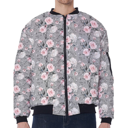 Monochrome Spring Floral Print Zip Sleeve Bomber Jacket