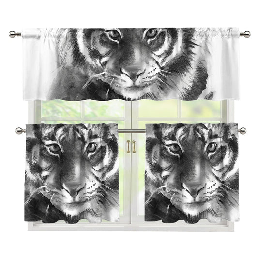 Monochrome Watercolor White Tiger Print 3 Piece Kitchen Curtains