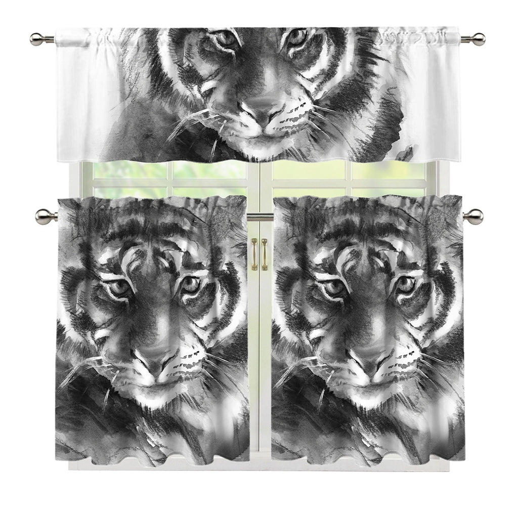 Monochrome Watercolor White Tiger Print 3 Piece Kitchen Curtains