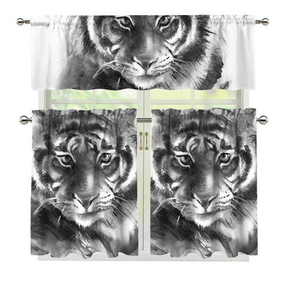 Monochrome Watercolor White Tiger Print 3 Piece Kitchen Curtains