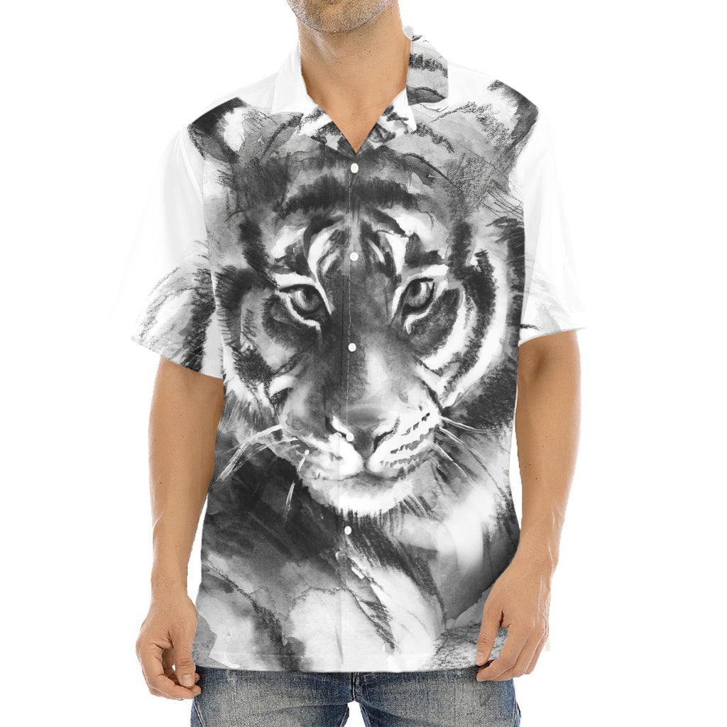 Monochrome Watercolor White Tiger Print Aloha Shirt