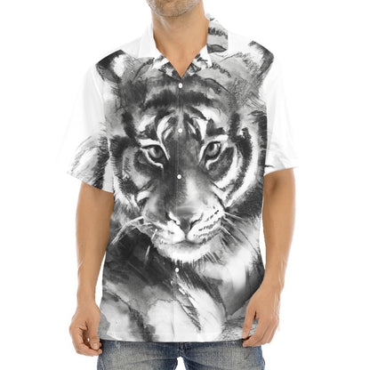 Monochrome Watercolor White Tiger Print Aloha Shirt