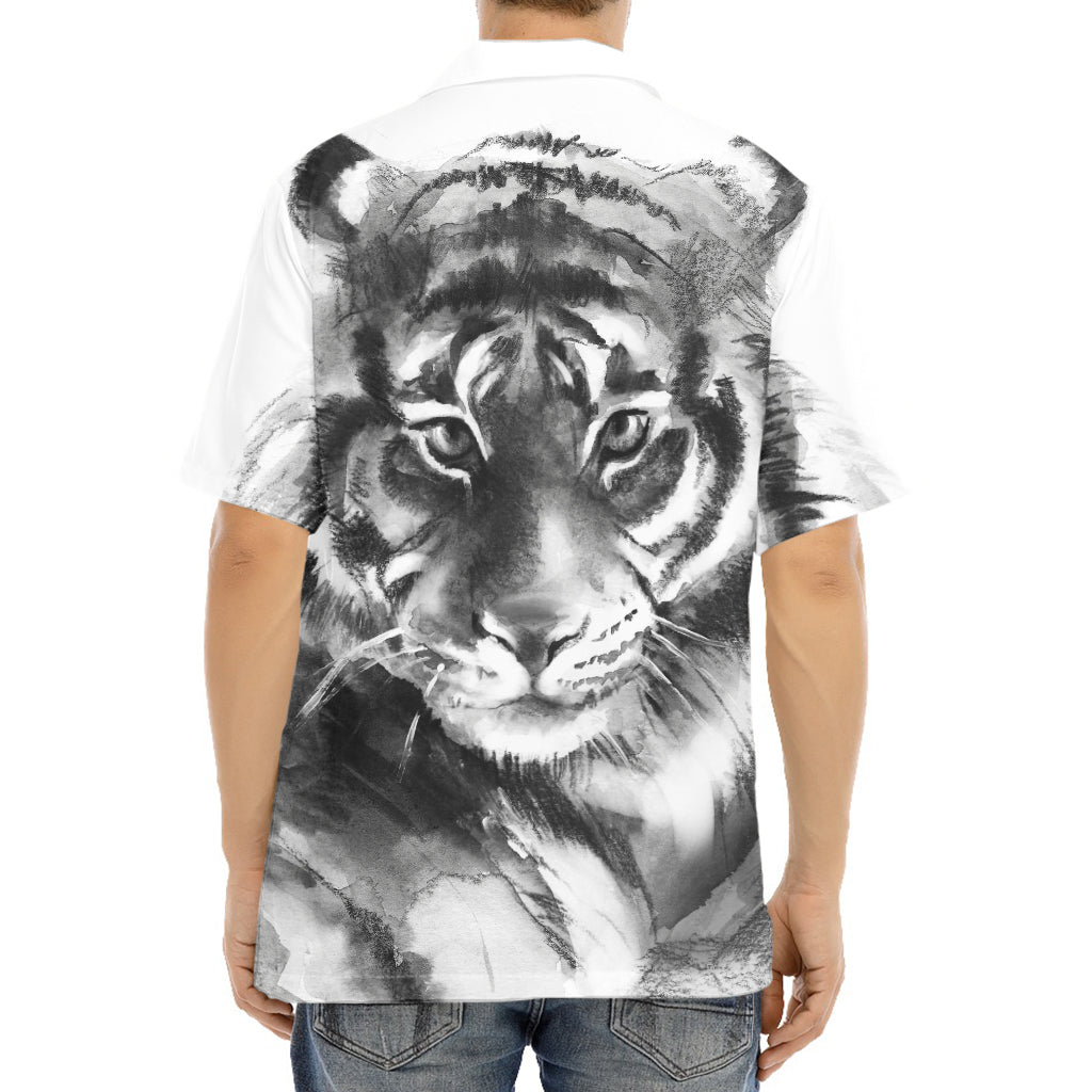 Monochrome Watercolor White Tiger Print Aloha Shirt