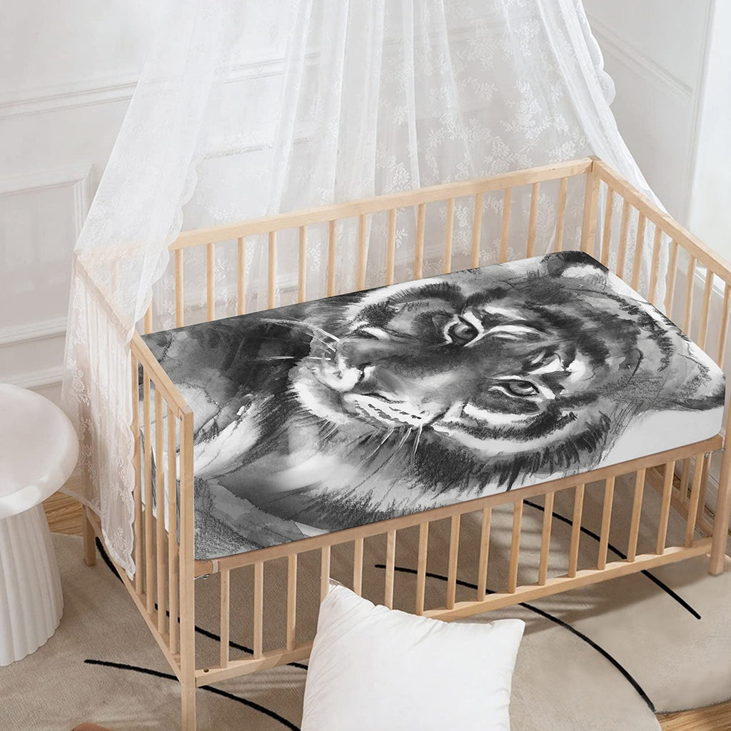 Monochrome Watercolor White Tiger Print Baby Crib Sheet