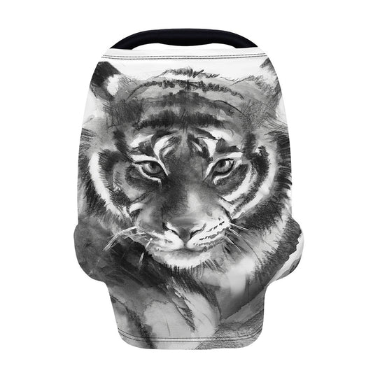 Monochrome Watercolor White Tiger Print Baby Seat Cover