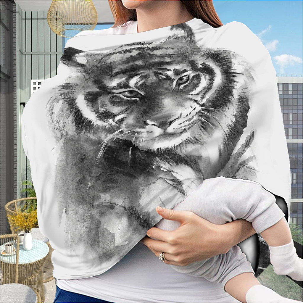 Monochrome Watercolor White Tiger Print Baby Seat Cover