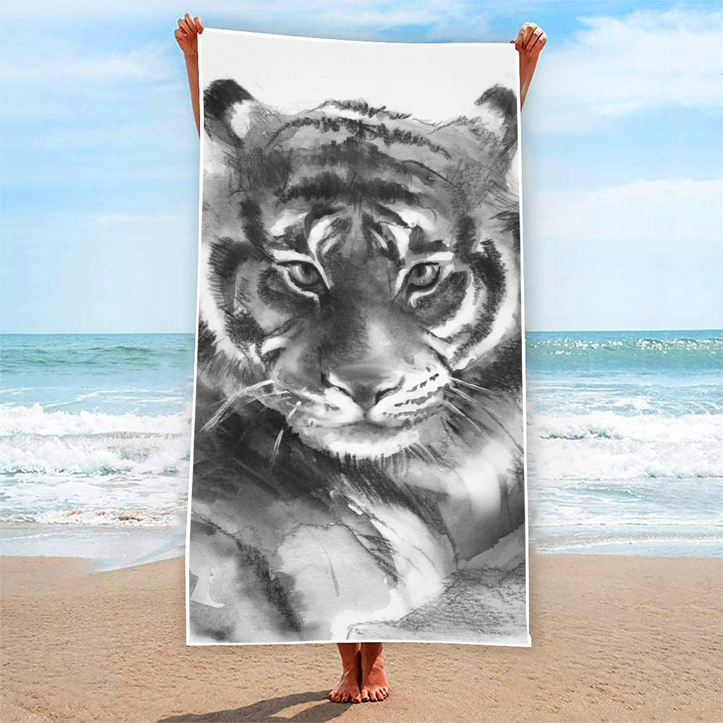 Monochrome Watercolor White Tiger Print Beach Towel