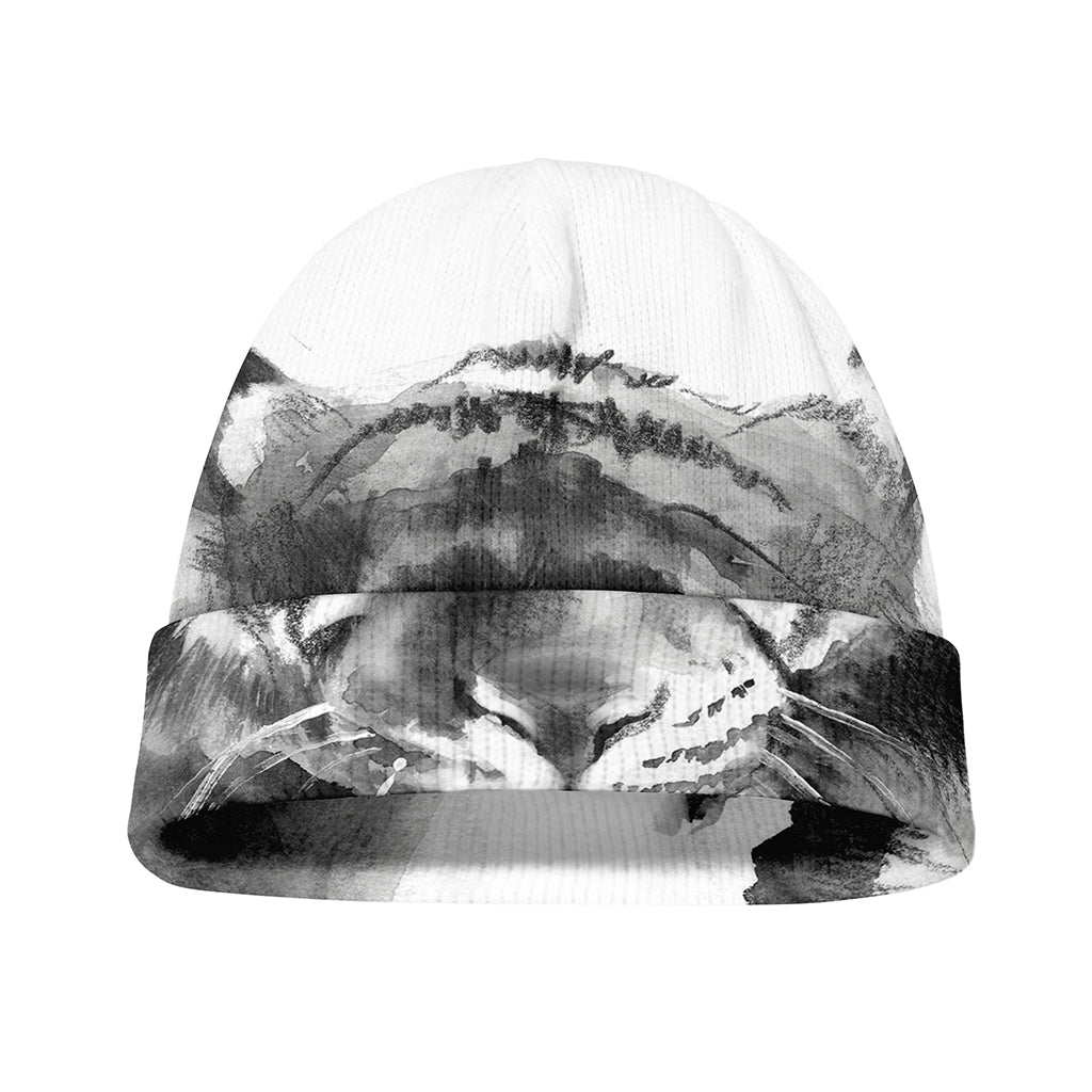 Monochrome Watercolor White Tiger Print Beanie
