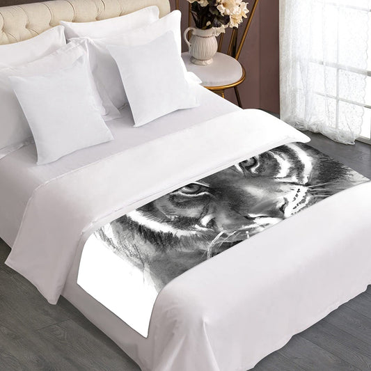 Monochrome Watercolor White Tiger Print Bed Runner