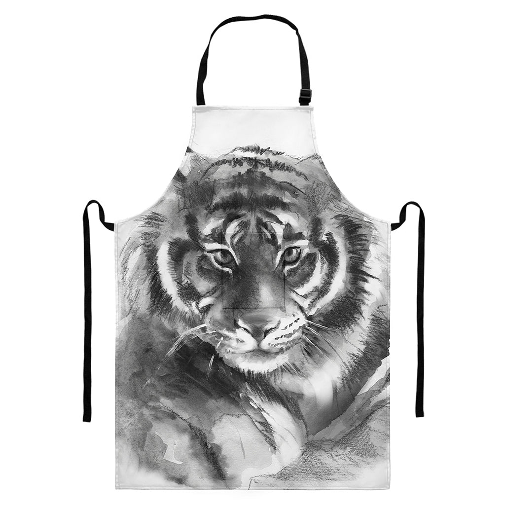 Monochrome Watercolor White Tiger Print Bib Apron With Pocket