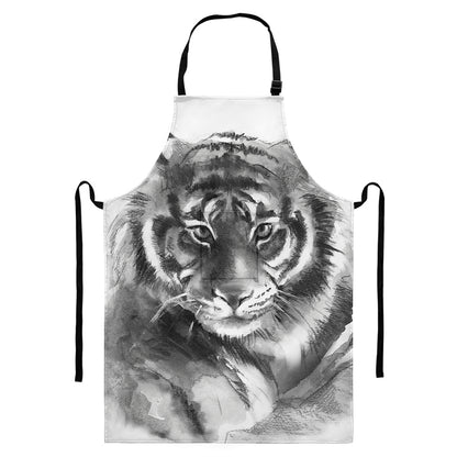 Monochrome Watercolor White Tiger Print Bib Apron With Pocket