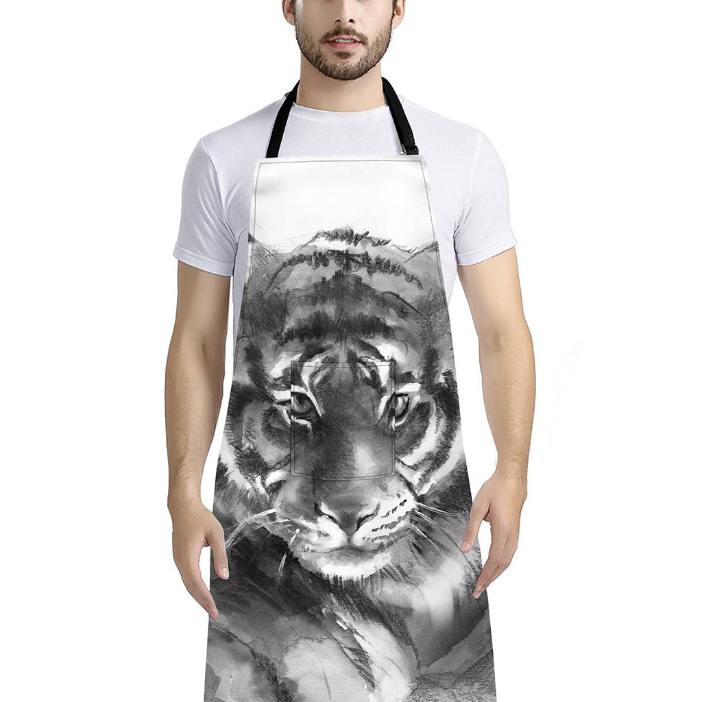 Monochrome Watercolor White Tiger Print Bib Apron With Pocket