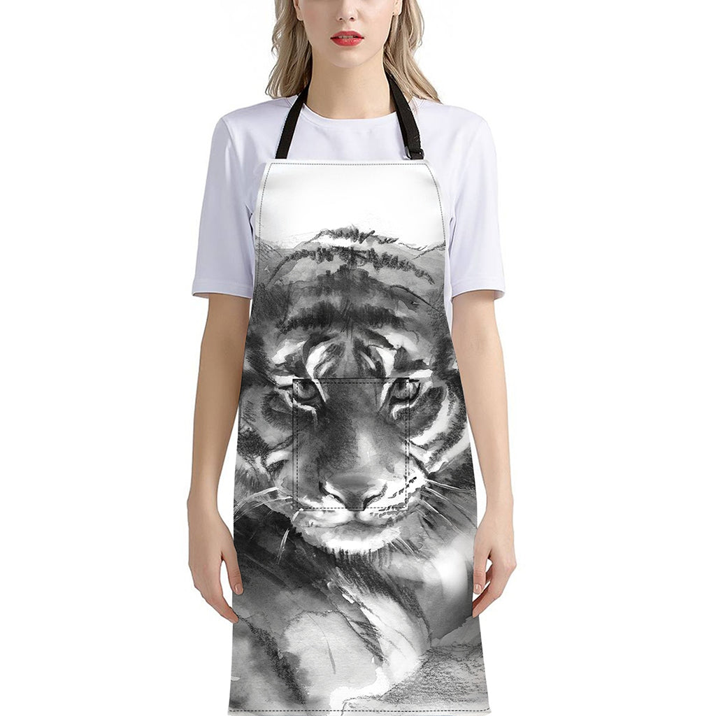 Monochrome Watercolor White Tiger Print Bib Apron With Pocket
