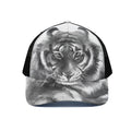 Monochrome Watercolor White Tiger Print Black Mesh Trucker Hat