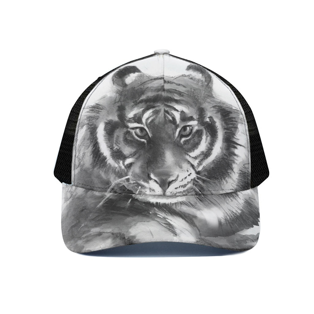 Monochrome Watercolor White Tiger Print Black Mesh Trucker Cap