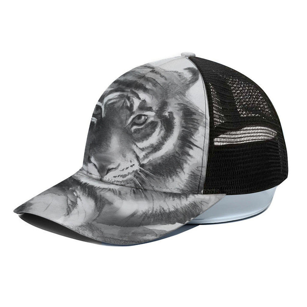 Monochrome Watercolor White Tiger Print Black Mesh Trucker Cap
