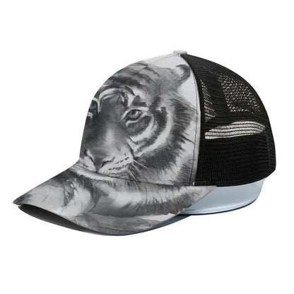 Monochrome Watercolor White Tiger Print Black Mesh Trucker Cap