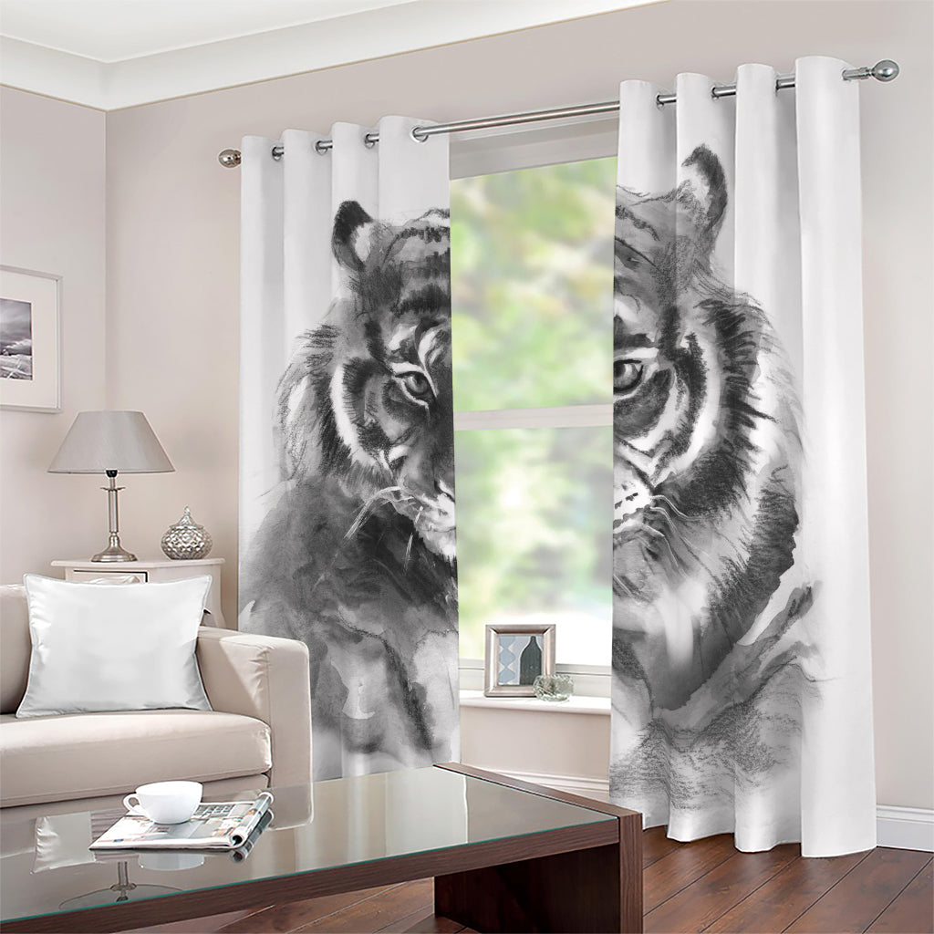 Monochrome Watercolor White Tiger Print Blackout Grommet Curtains